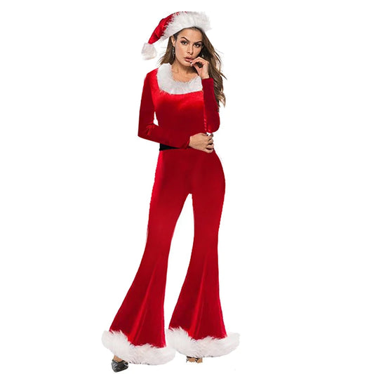 Women Christmas Costumes Cute Long Sleeve Flared Jumpsuit Santa Hat Set Cosplay Party Outfits