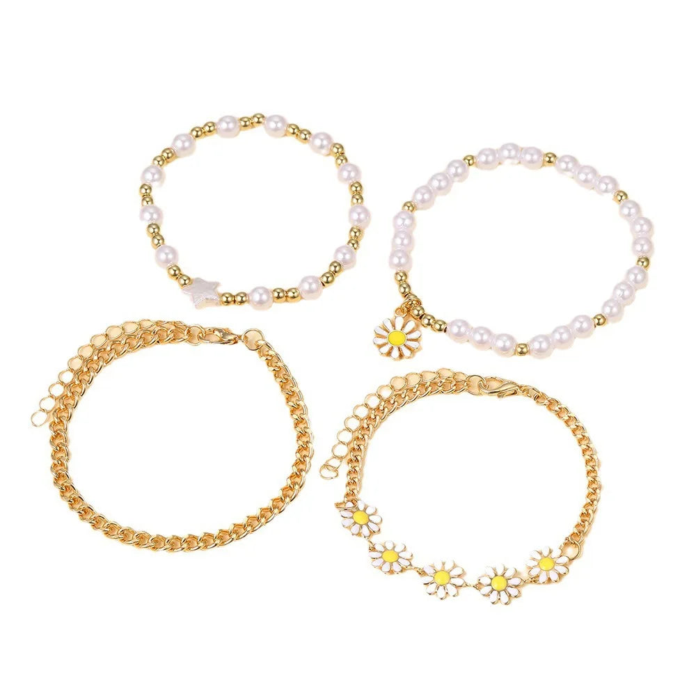 4pcs Vintage Small Daisy Flower Gold Pendant Pearl Bohemian Beaded Enamel Women Bracelet Set Gifts