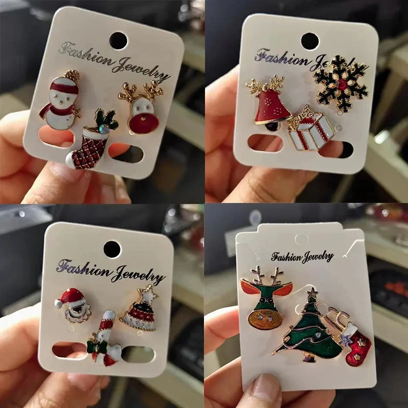 Xmas Cute Santa Claus Elk Crutch Gift Box Hat Tree Glove Star Bear Women Kids Brooch Sets Jewelry