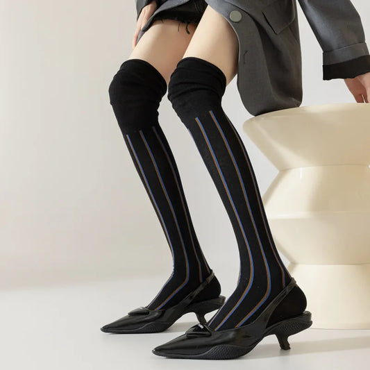 Autumn Fall Fashion Loose Mouth Vertical Stripe Stitching Slim Women Stockings Knee-high Piled Socks