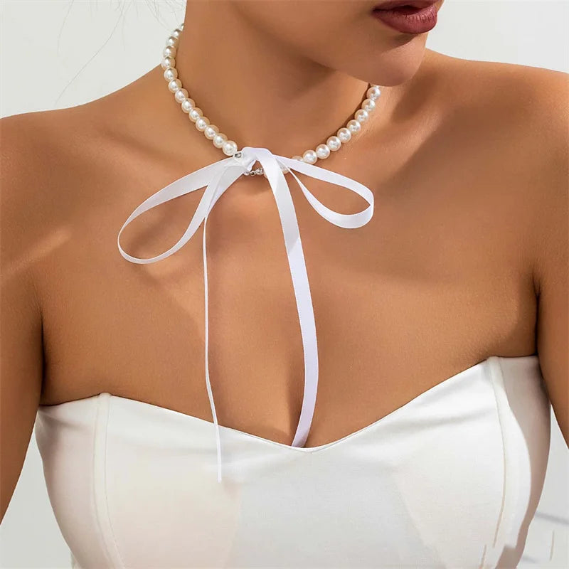 Romantic Imitation Pearl Beaded Fashion Black White Velvet Adjustable Bow Women Choker Necklace Gift