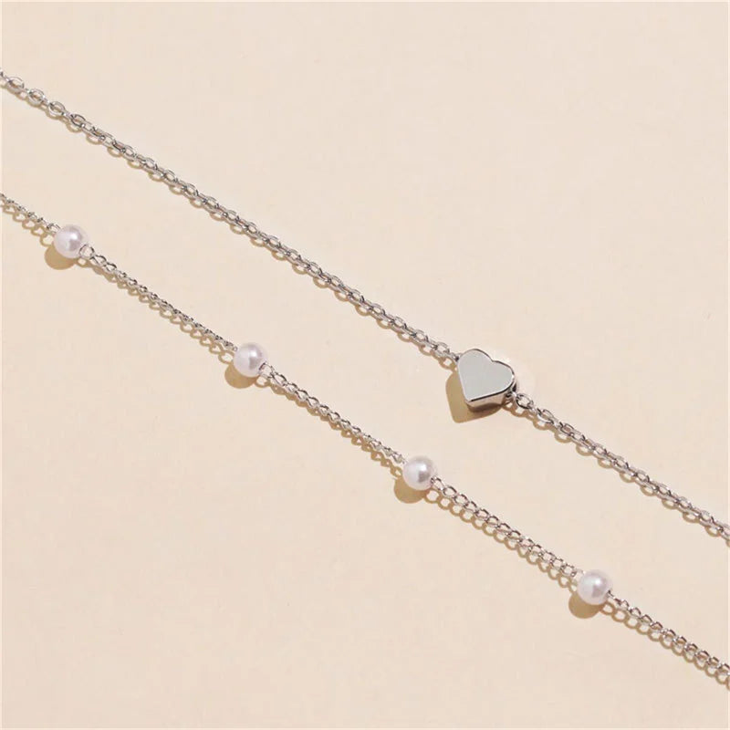 Simple Pearl Choker Women Fashion Double Layer Chain Small Love Heart Pendant Necklace Fall Jewelry