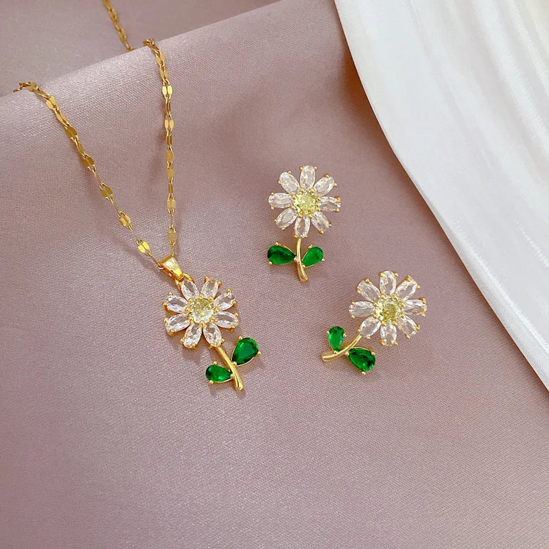 Classic Green Leaf Flower Necklace Earrings Set Light Luxury Sunflower Gold Jewelry Set Gift