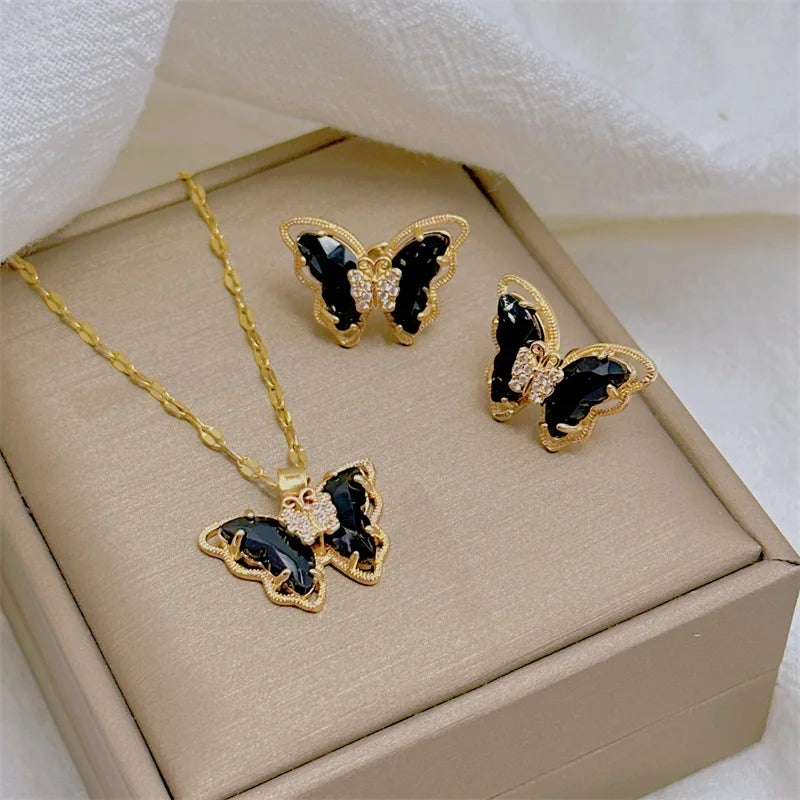 Fashion European American Cute Micro-inlaid Butterfly Necklace Earring Set Classic Light Luxury Gift