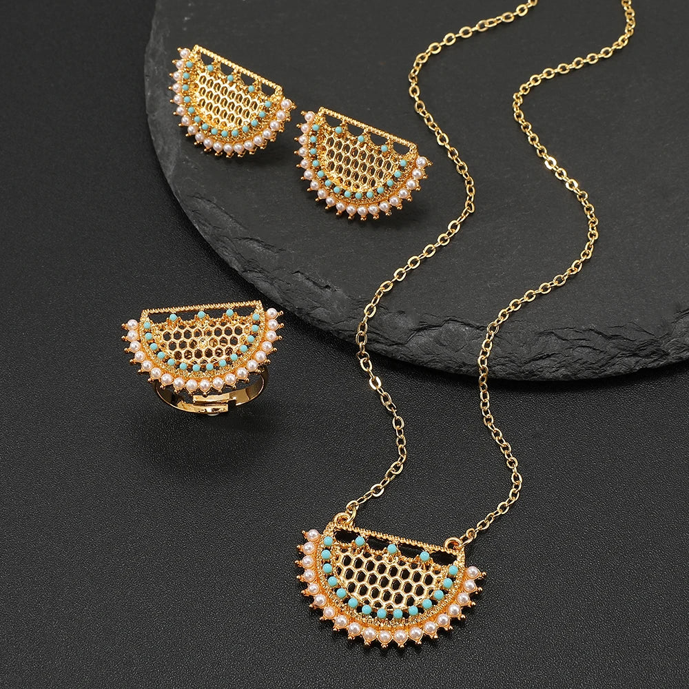 Hot Sale Sector-shaped Geometric Zircon Pendant Gold Women Necklace Earrings Ring Jewelry Set Gifts