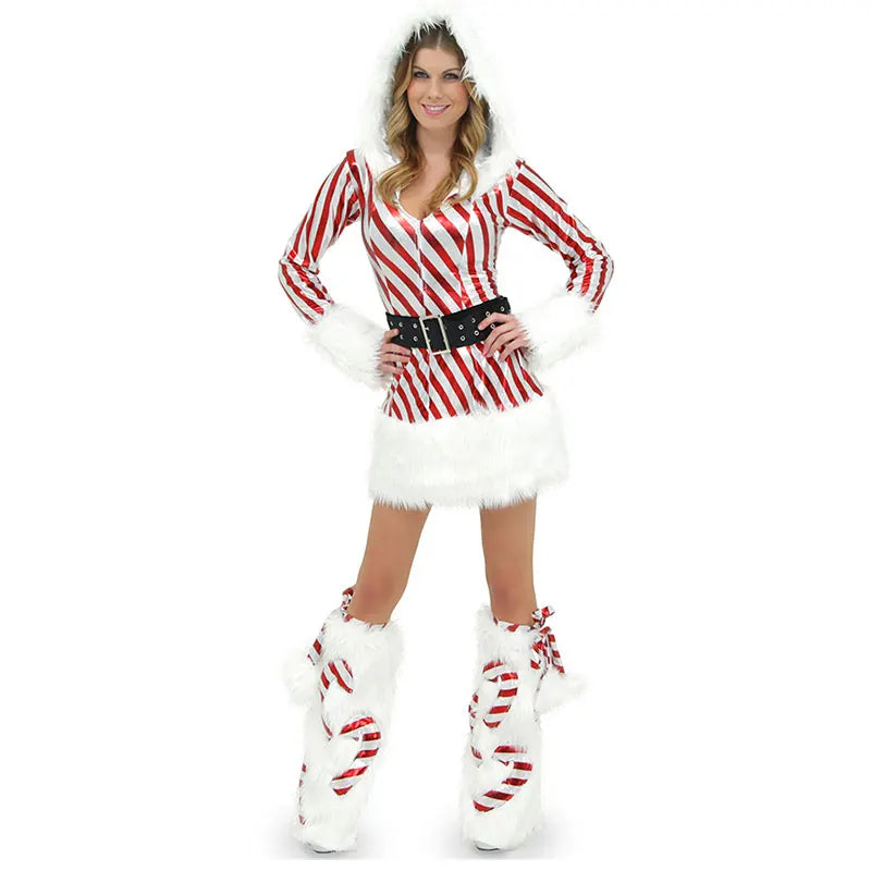 Women Christmas Hooded Dress 3pcs/Set Up Velvet Striped Mrs Claus Santa Xmas Party Cosplay Costume