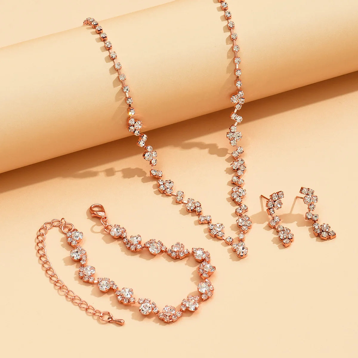 Silver Gold Rose Gold Rhinestone Wedding Bridal Crystal Women Necklace Earrings Bracelet Jewelry Set