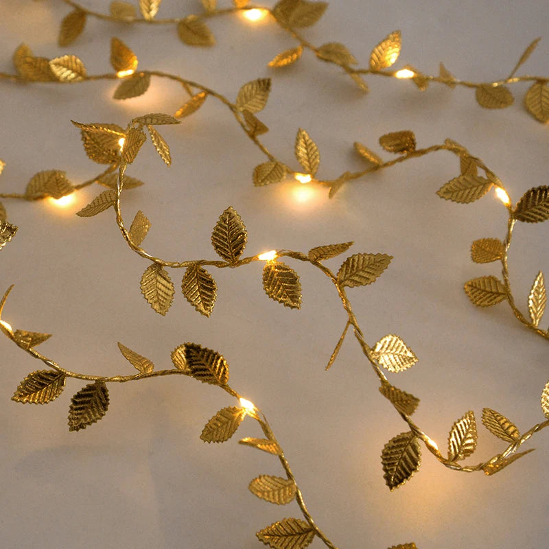 2M 20LED Gold Leaves Artificial Plant String Lights Christmas Birthday Party Home Garden Decoration