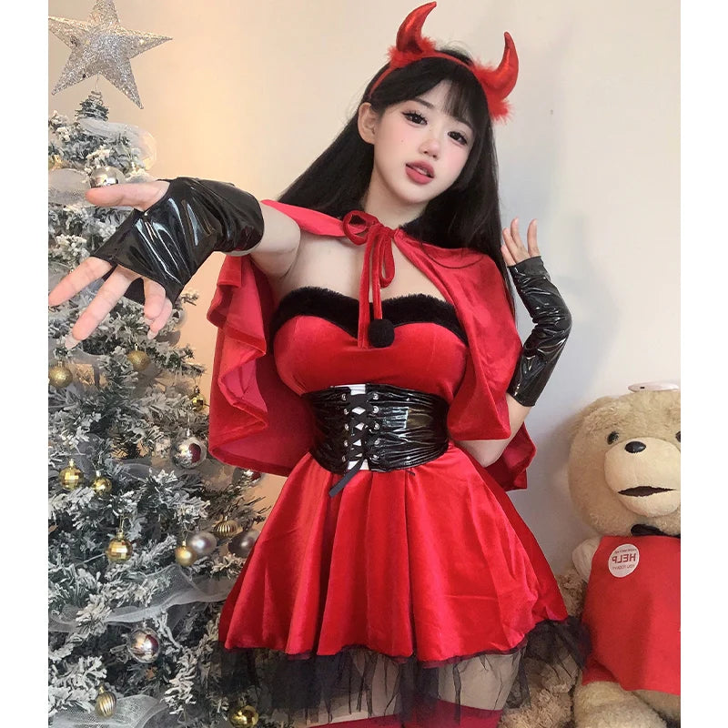 Halloween Little Devil Cosplay Uniform Nightclub Stage Velvet Dress Christmas Dress Girl