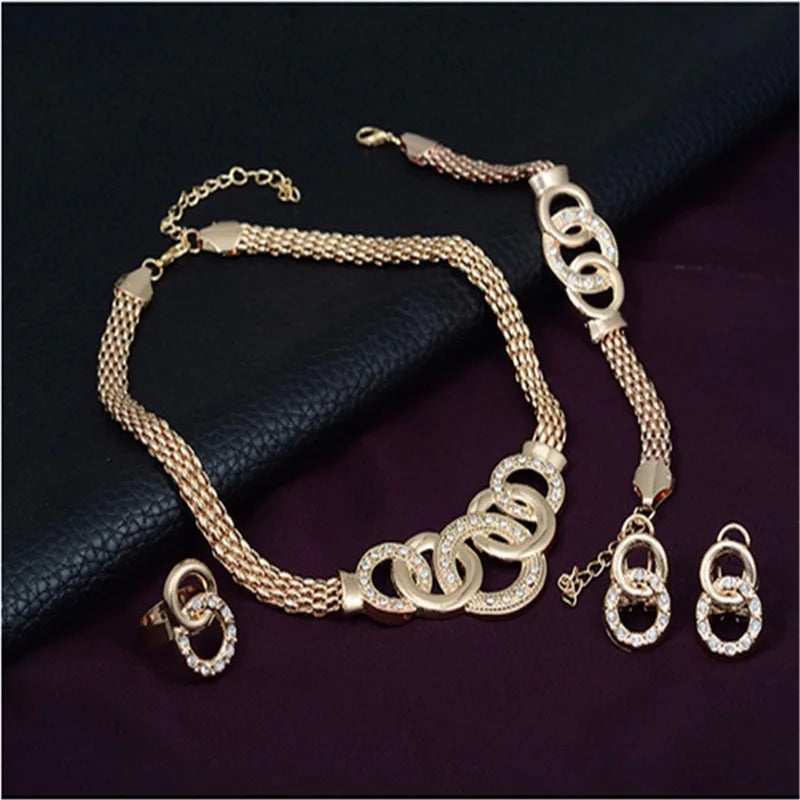 Fashion European American Five-Ring Suit Necklace Earrings Bracelet Ring Women Gold Jewelry Set Gift