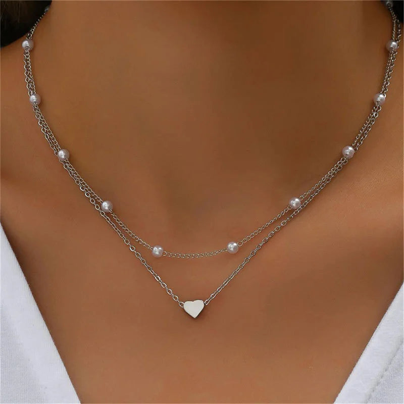 Simple Pearl Choker Women Fashion Double Layer Chain Small Love Heart Pendant Necklace Fall Jewelry