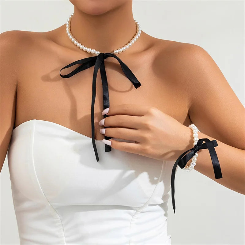 Romantic Imitation Pearl Beaded Fashion Black White Velvet Adjustable Bow Women Choker Necklace Gift