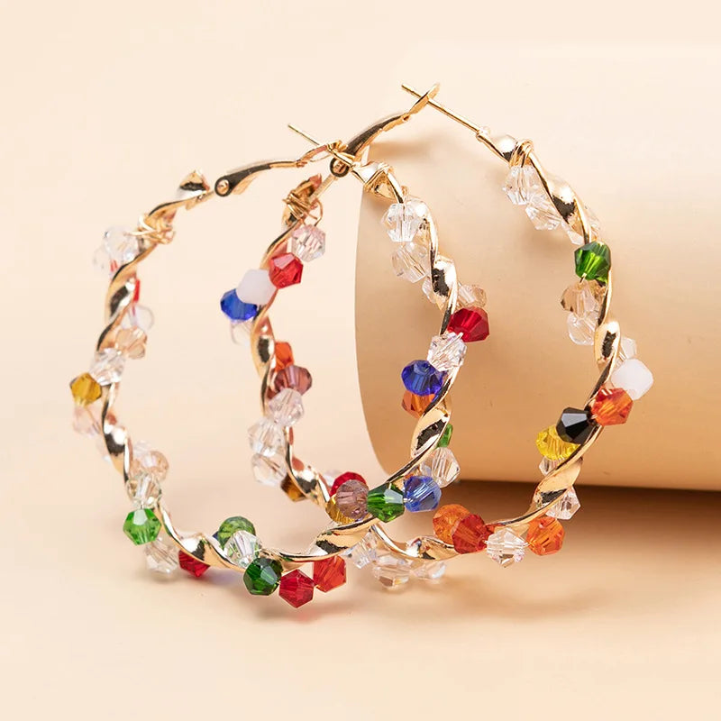 Bohemian Random Colorful Crystal New Fashion Big Round Circle Statement Gold Women Hoop Earrings