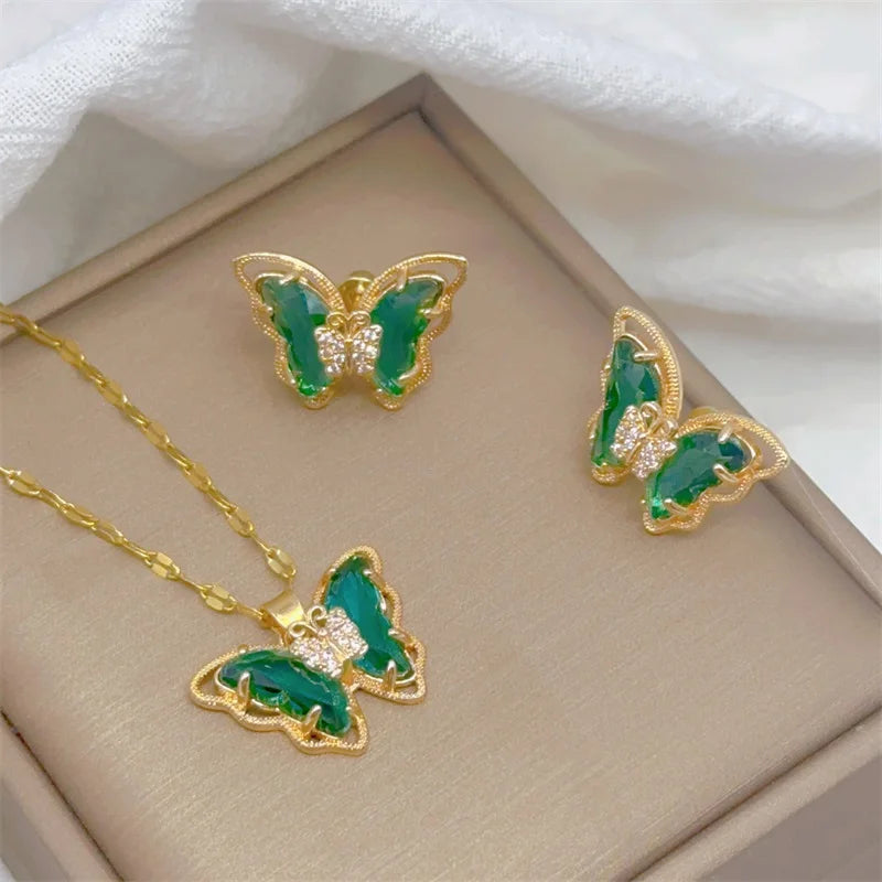 Fashion European American Cute Micro-inlaid Butterfly Necklace Earring Set Classic Light Luxury Gift