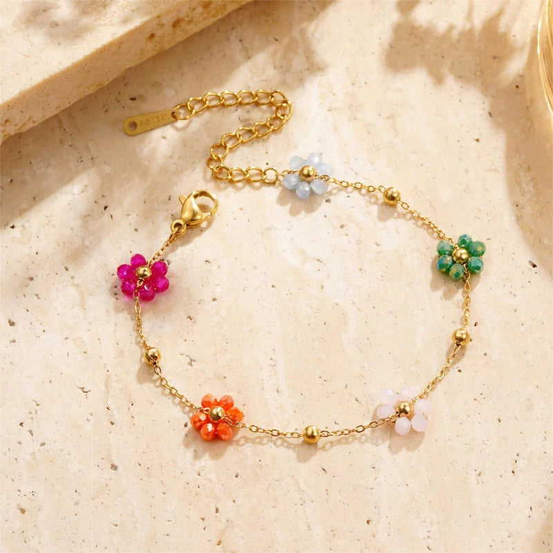 Gold Plated Necklace Bracelet Set Colorful Artificial Crystal Flower Chain Jewelry Set Women Gift