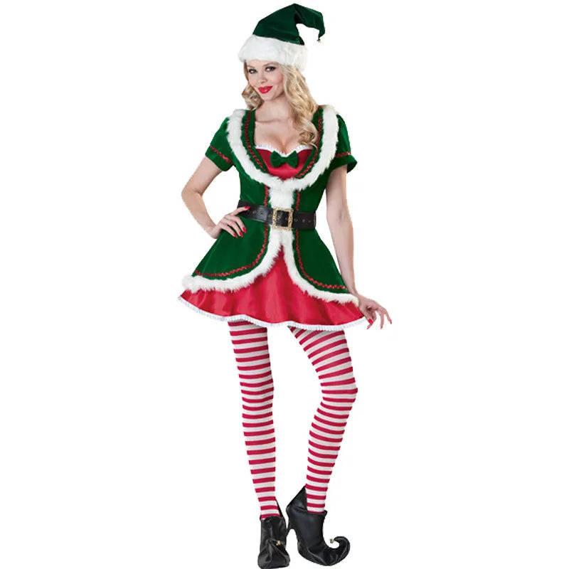 Women Christmas Cosplay Santa Claus Green Elf Halloween Party Stage Performance Costume Gifts