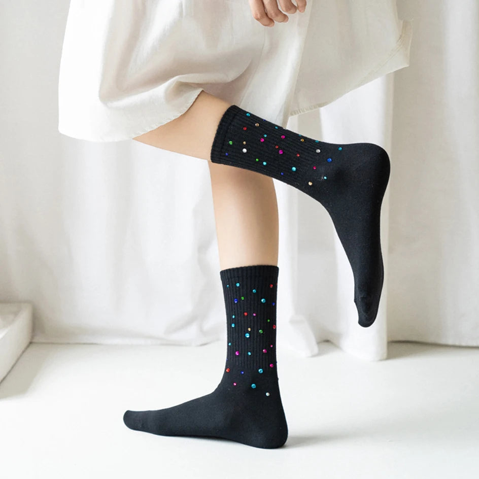 Autumn Winter Fall Fashion Glitter Diamond Rhinestone Harajuku Loose Midtube Cotton Women Socks