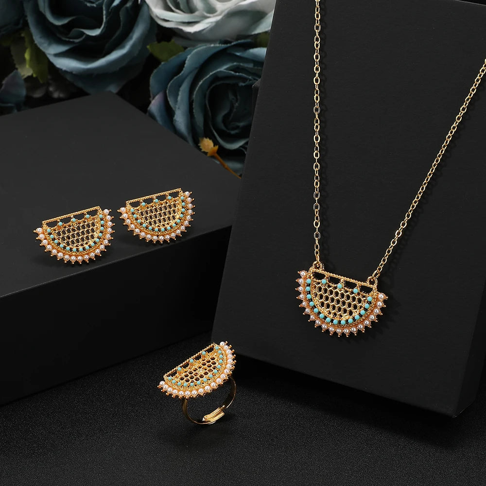 Hot Sale Sector-shaped Geometric Zircon Pendant Gold Women Necklace Earrings Ring Jewelry Set Gifts