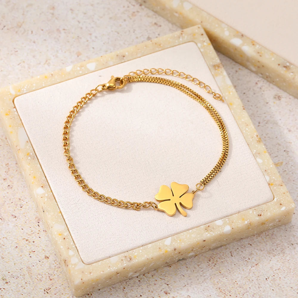 Classic Gold Silver Lucky Clovers Pendant Charm Hip Hop Women Bracelet Chain Jewelry Fall Gift