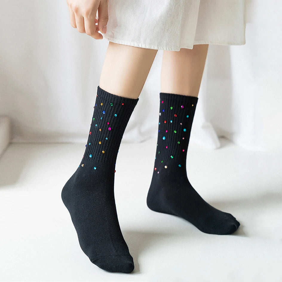 Autumn Winter Fall Fashion Glitter Diamond Rhinestone Harajuku Loose Midtube Cotton Women Socks