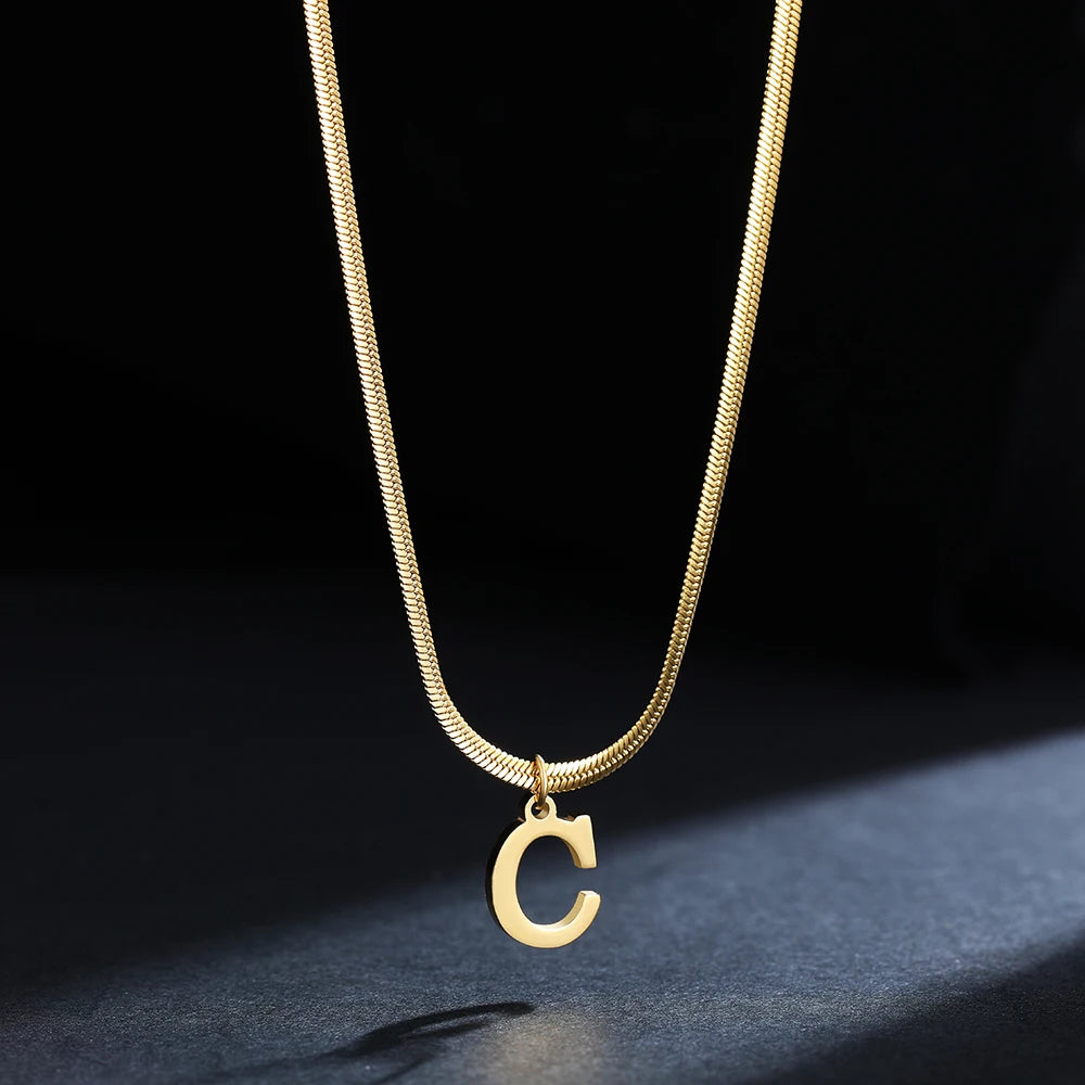 A-Z Alphabet Gold Stainless Steel Pendant Women Snake Chain Initial Letter Necklace Fall Jewelry