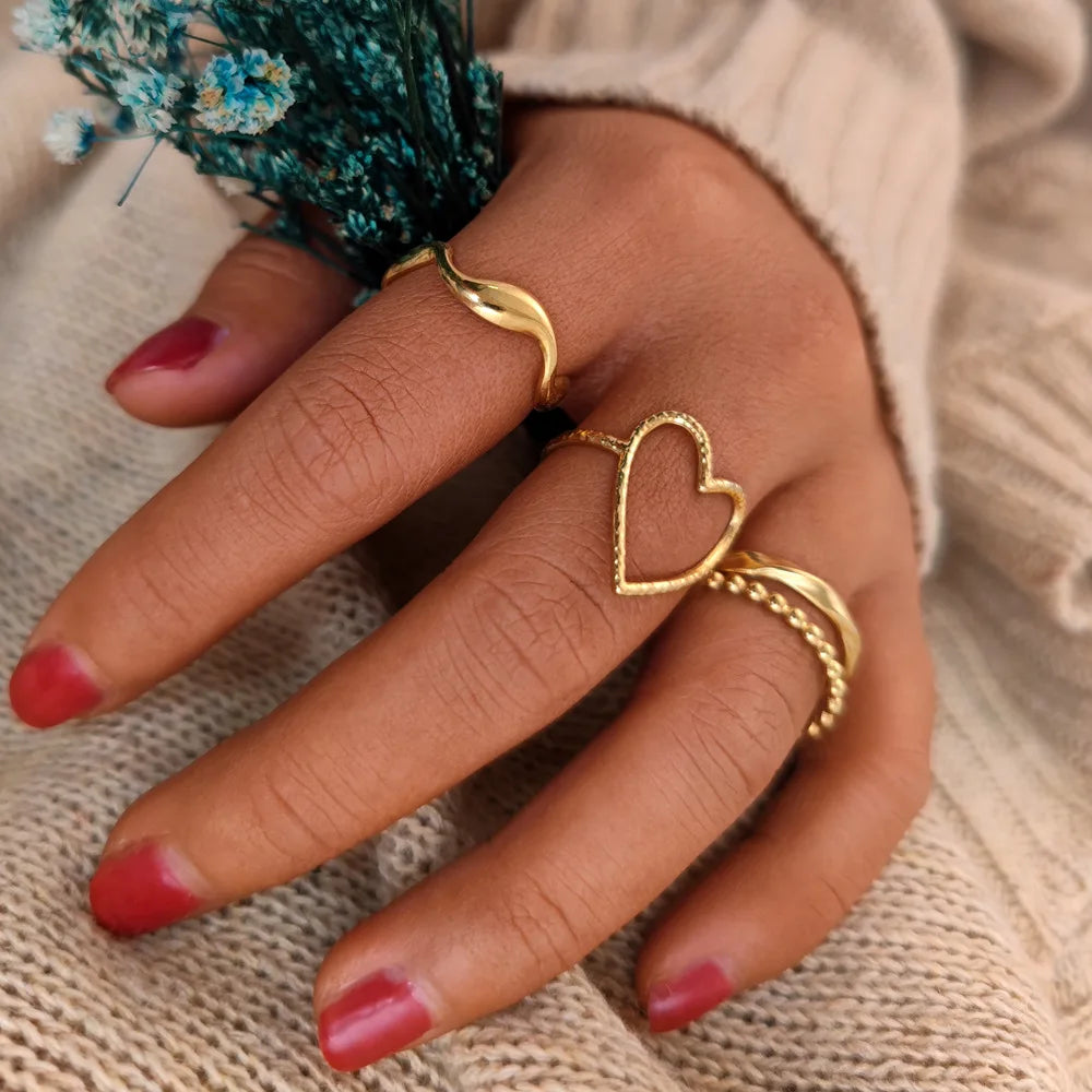 New Fashion Creative Geometric Leaf Wave Hollow Simple Gold Silver Women Rings Set Jewelry Gifts