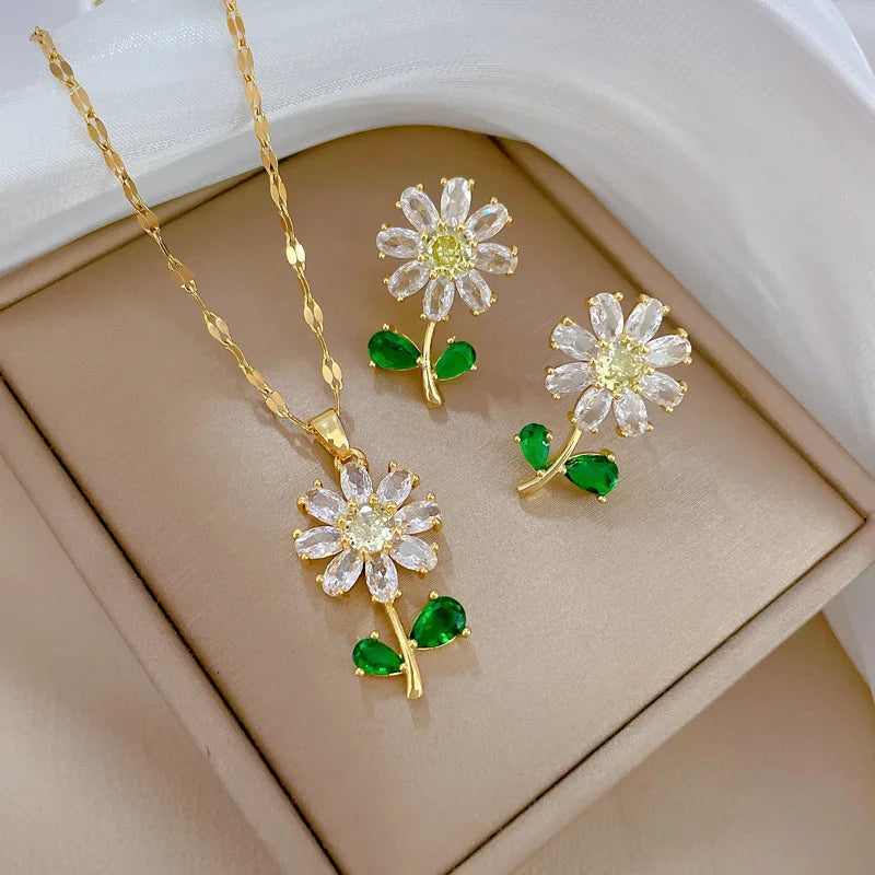 Classic Green Leaf Flower Necklace Earrings Set Light Luxury Sunflower Gold Jewelry Set Gift