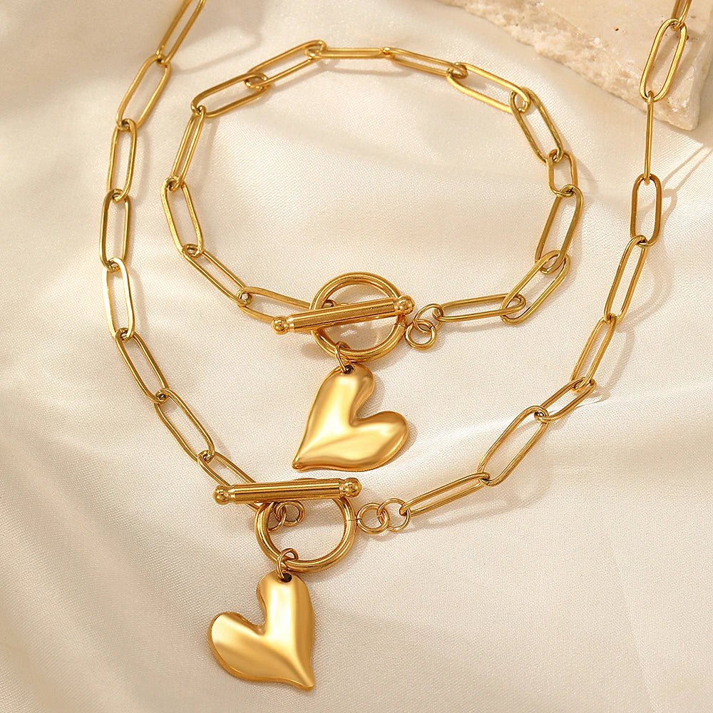 Fine Minimalist Single Chain Heart Charm Adjustable Gold Silver Women Necklace Bracelet Jewelry Set