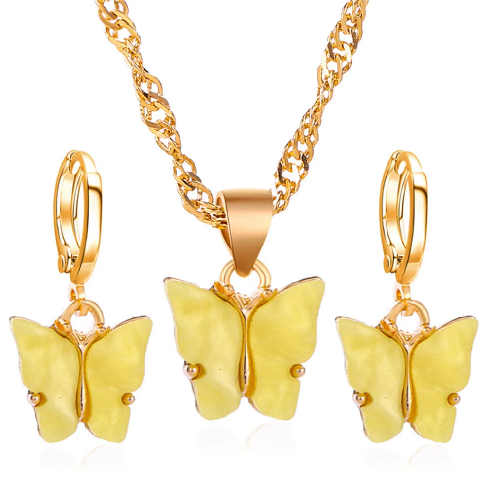 Wu's New Fashion 2 Piece Explosive Acrylic Butterfly Gold Necklace Earrings Women Jewelry Set Gift