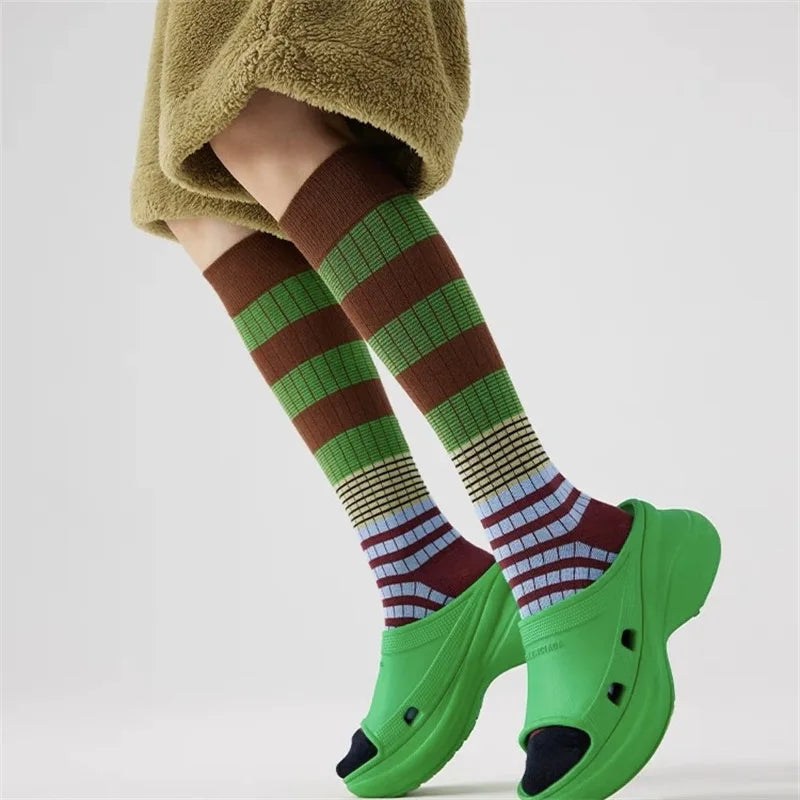 Autumn Winter Gradient Striped Colorful Retro Cotton Women High Tube Soft Sport Casual Calf Socks