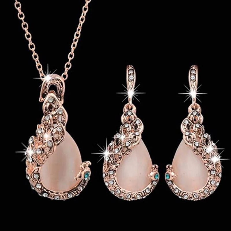 Women Elegant Waterdrop Rhinestone Pendant Necklace Hook Earrings Gold Jewelry Set Gift