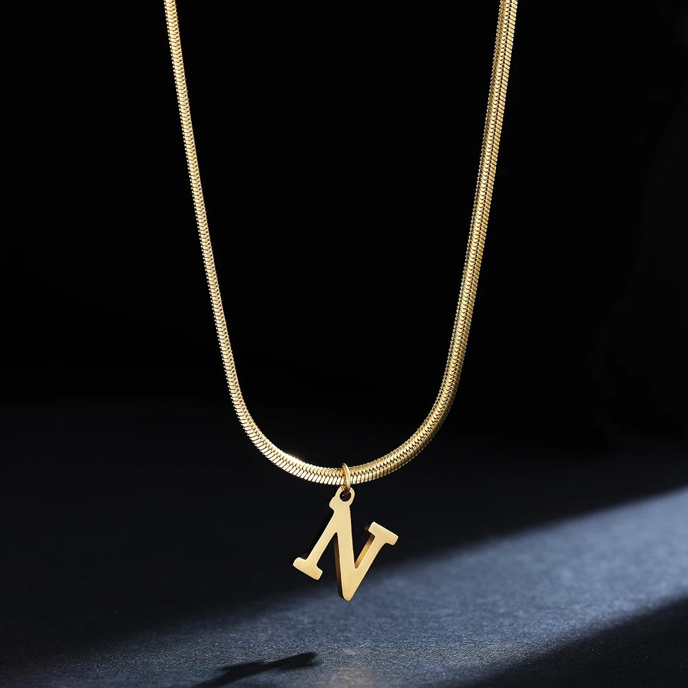 A-Z Alphabet Gold Stainless Steel Pendant Women Snake Chain Initial Letter Necklace Fall Jewelry