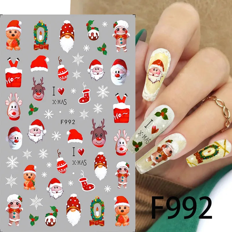 Cartoon 3D Santa Claus Snowman Christmas Relief Snowflakes Leaves Fall Nail Art Decoration Stickers