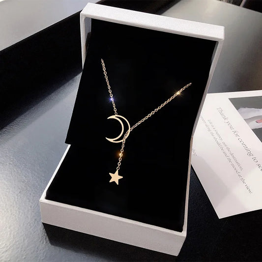 New Simple Moon Star Pendant Choker Simple Gold Alloy Charm Chain Collar Necklace Women Fall Jewelry