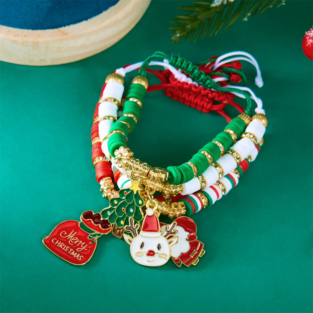 4pcs Merry Christmas Tree Santa Claus Deer Crystal Polymer Clay Beads Woven Women Bracelet Jewelry