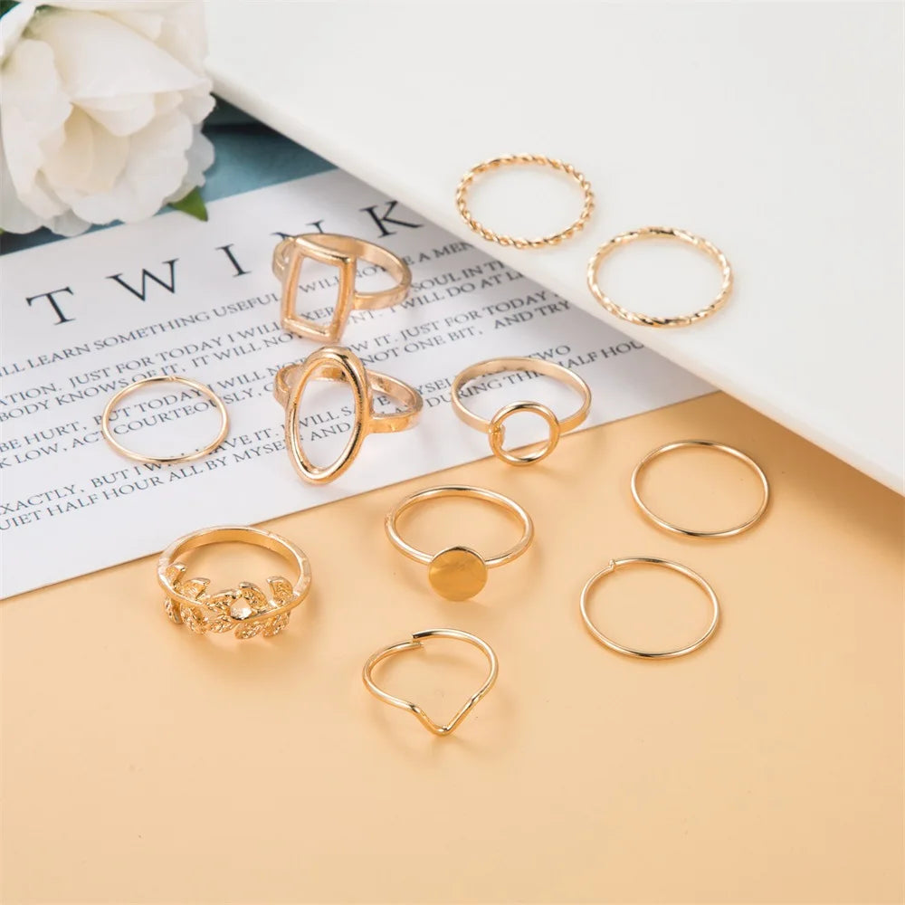 New Fashion Creative Geometric Leaf Wave Hollow Simple Gold Silver Women Rings Set Jewelry Gifts