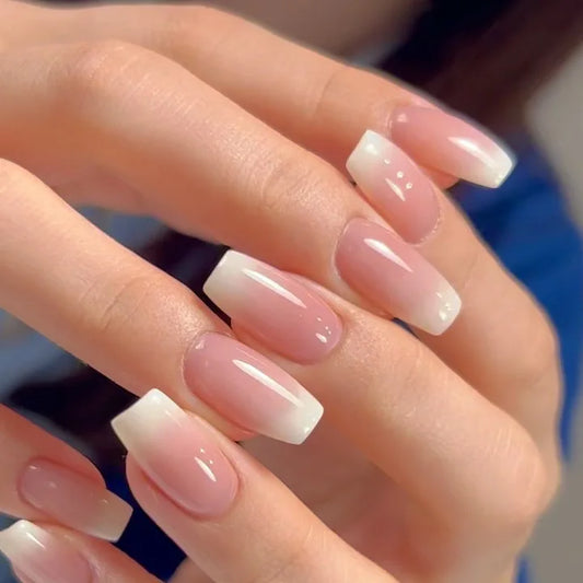 24pcs Simple Square Jelly Glue Gradient French Press on Fake False Nails Short Full Cover Nail Tips