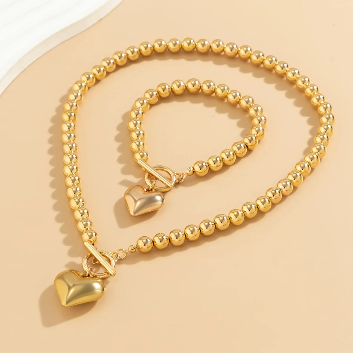 Luxury Gold Bead Heart Pendant Necklace Bracelet Women Jewelry Set Punk Vintage Buckle Party Gift