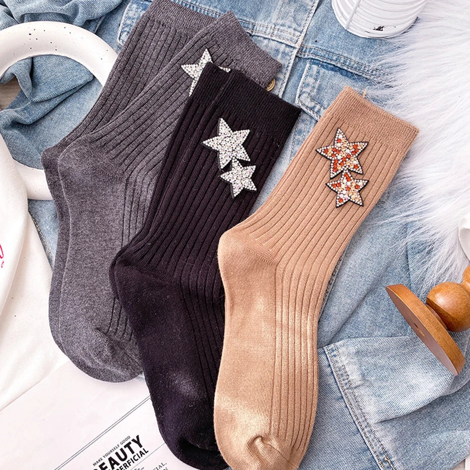 Fashion Star Rhinestone Glitter Harajuku Women Shiny Diamond Sparkly Winter Cotton Socks Stockings