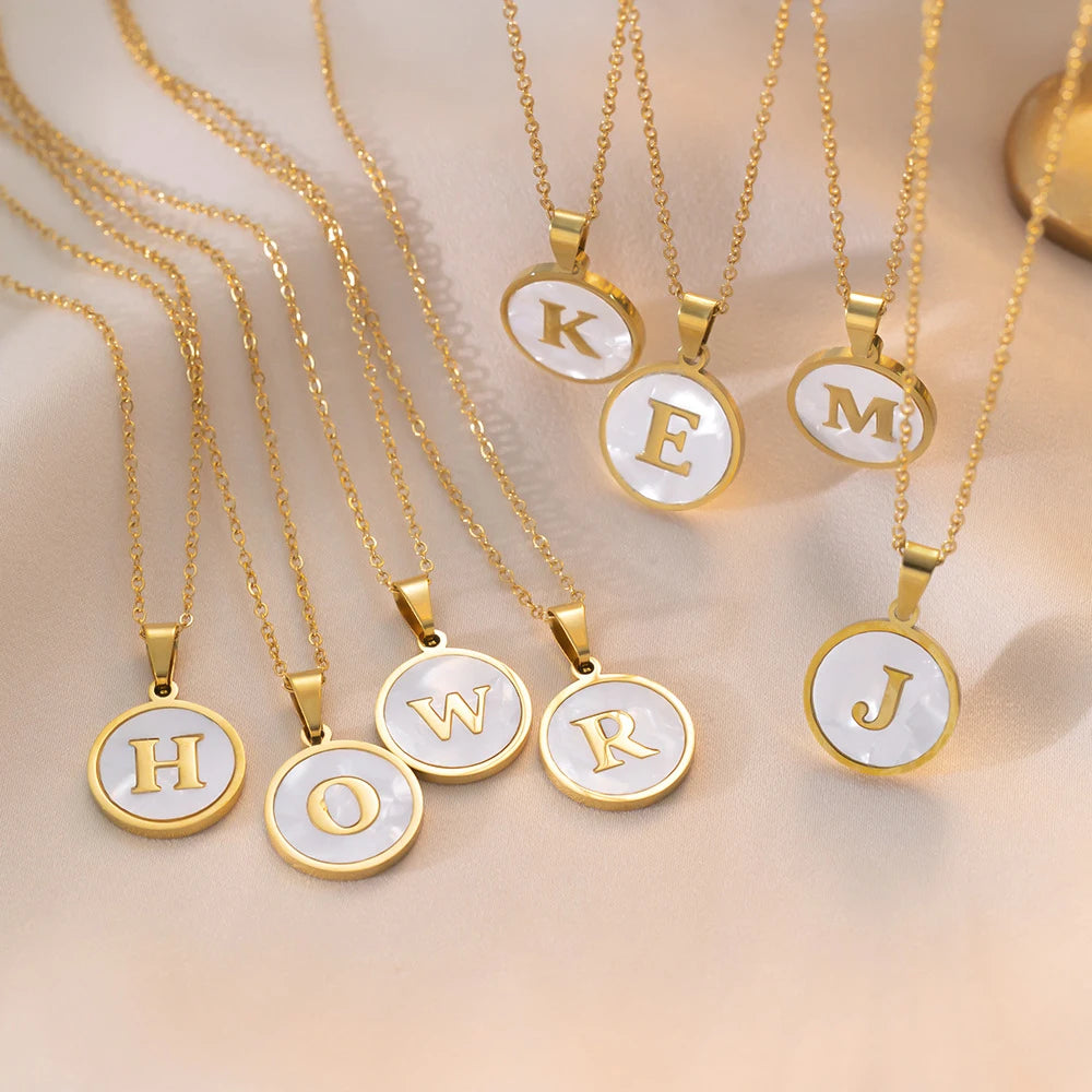 Fashion Shell A-Z 26 Alphabet Letters Pendant Necklace Women Round Chain Fall Jewelry Simple Design