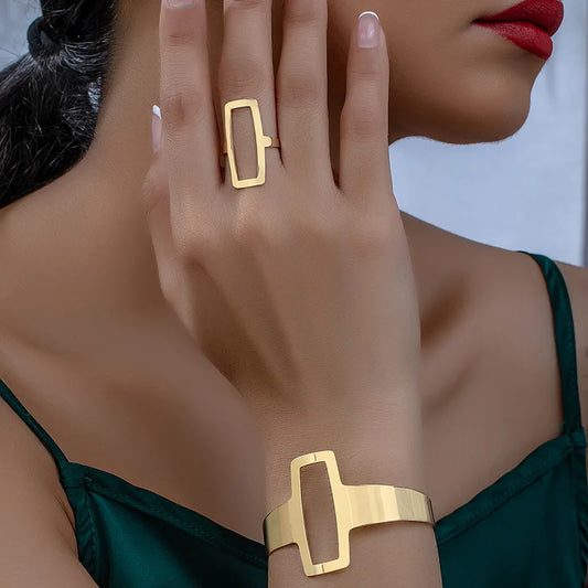 2Pcs/Set Trendy Minimalist Geometric Square Jewelry Hollowed Out Ring Bracelet Jewelry Set Gift