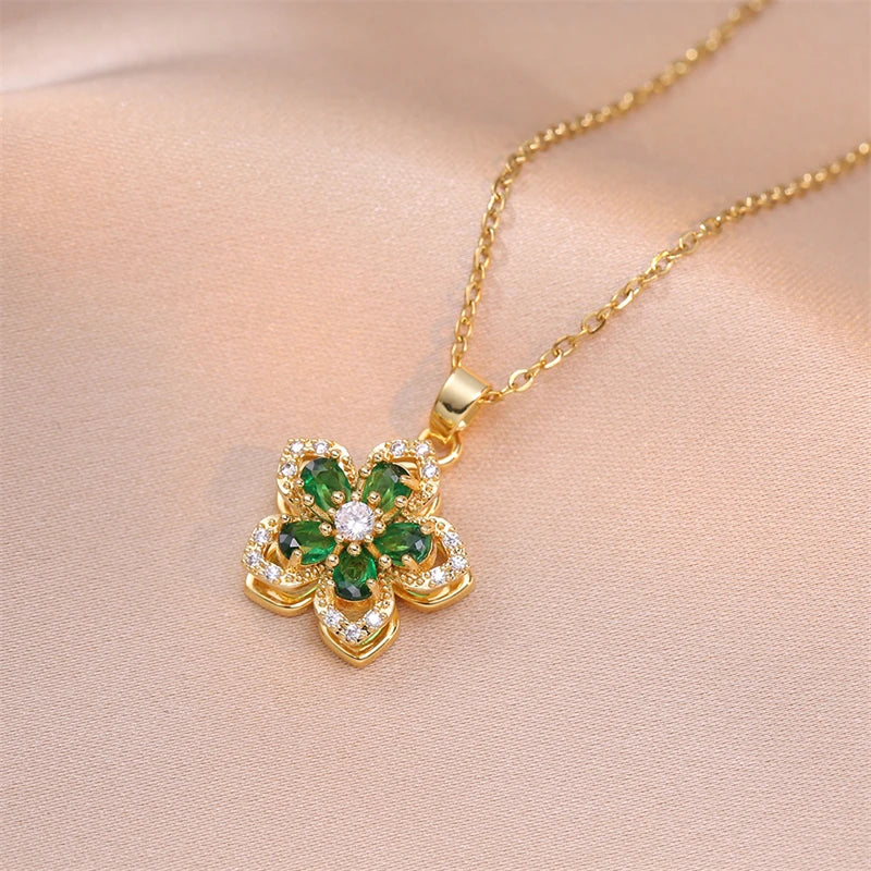 Exquisite Rotating Flower Shiny Zircon Pendant Charm Gold Clavicle Women Chain Choker Necklace Gifts