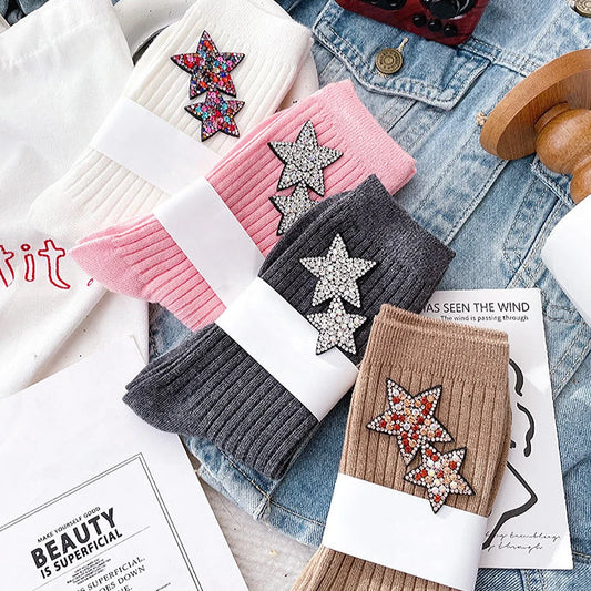 Fashion Star Rhinestone Glitter Harajuku Women Shiny Diamond Sparkly Winter Cotton Socks Stockings