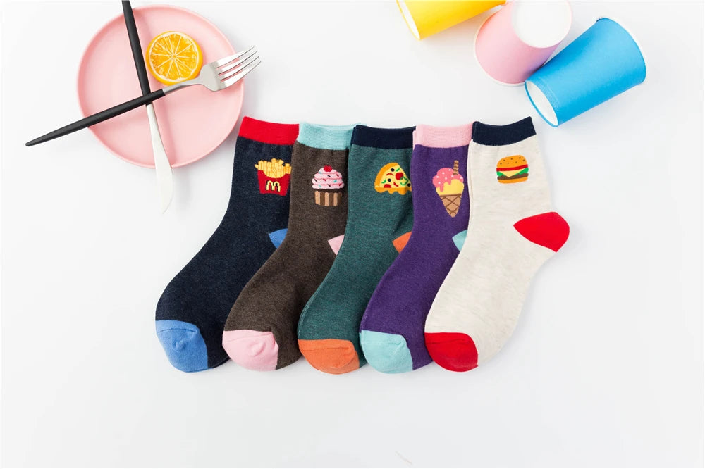 New Women Cartoon Burger Fries Pizza Cola Ice Cream Cake Patterned Funny Unisex Socks Christmas Gift