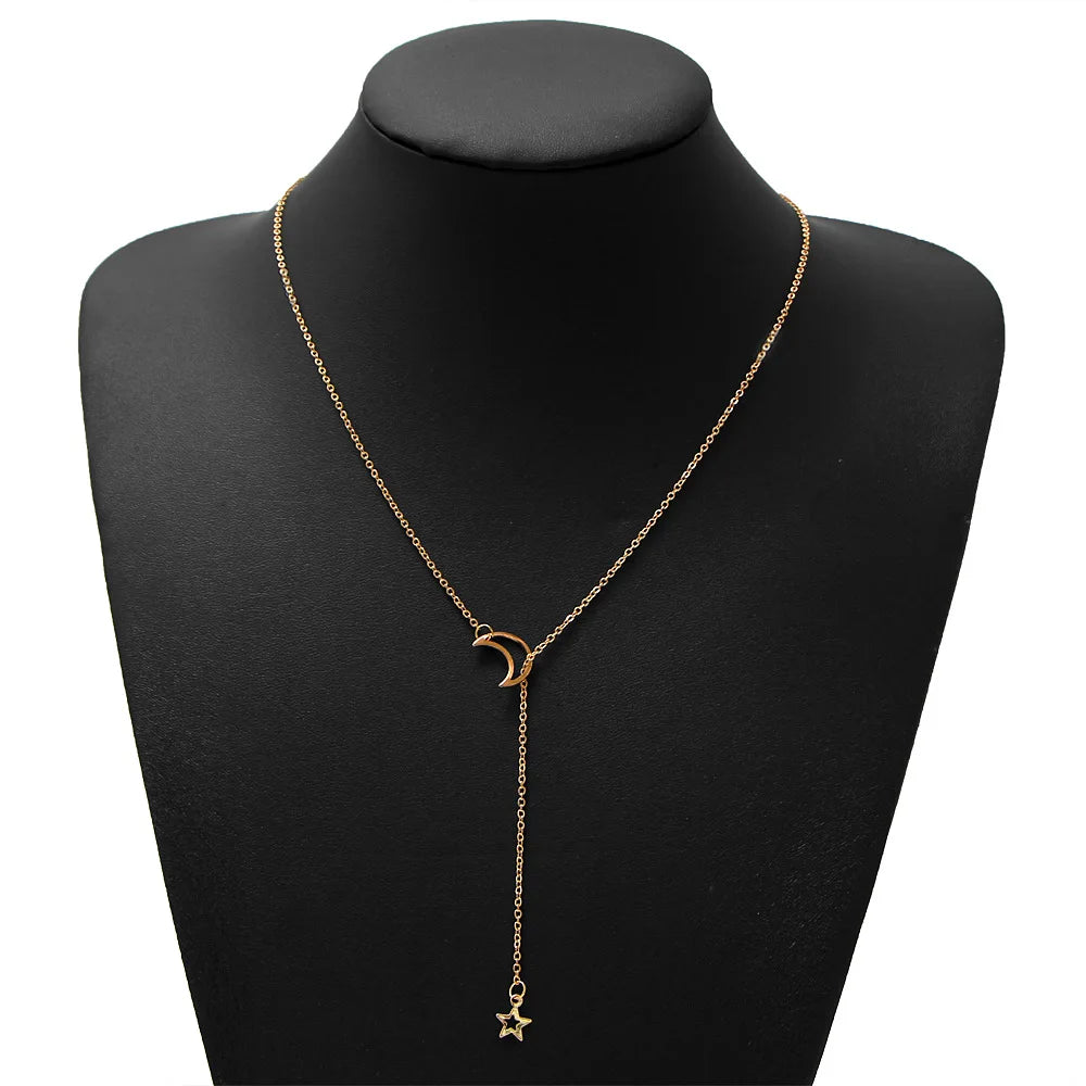 New Simple Moon Star Pendant Choker Simple Gold Alloy Charm Chain Collar Necklace Women Fall Jewelry