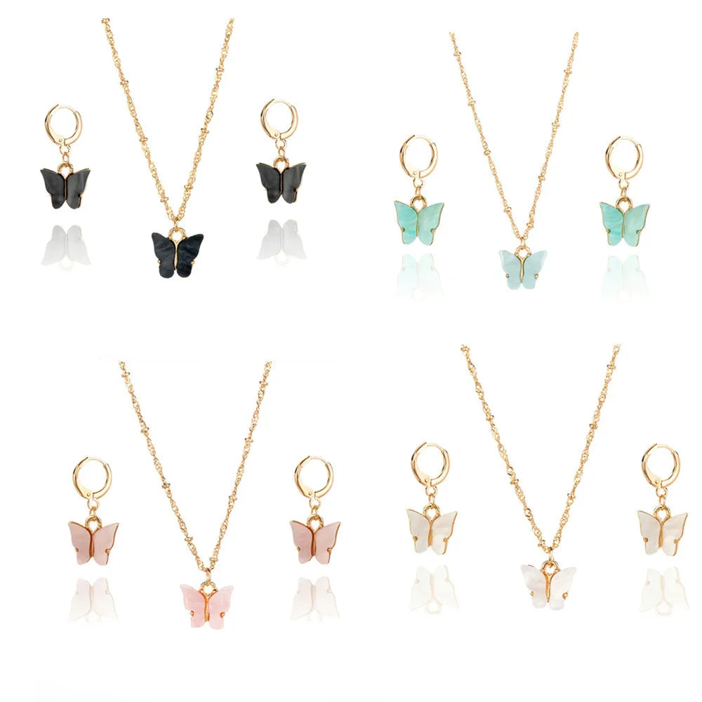 Wu's New Fashion 2 Piece Explosive Acrylic Butterfly Gold Necklace Earrings Women Jewelry Set Gift