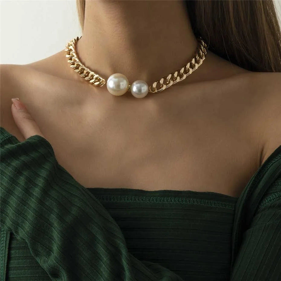 Korean Fashion Smooth Cuban Round Pearl Pendant Chain Gold Women Necklace Choker Jewelry Gift