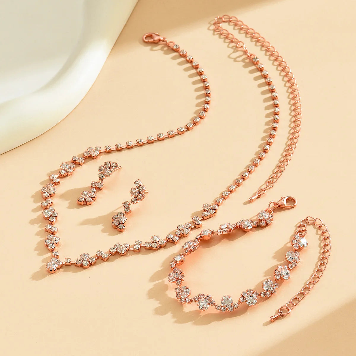 Silver Gold Rose Gold Rhinestone Wedding Bridal Crystal Women Necklace Earrings Bracelet Jewelry Set