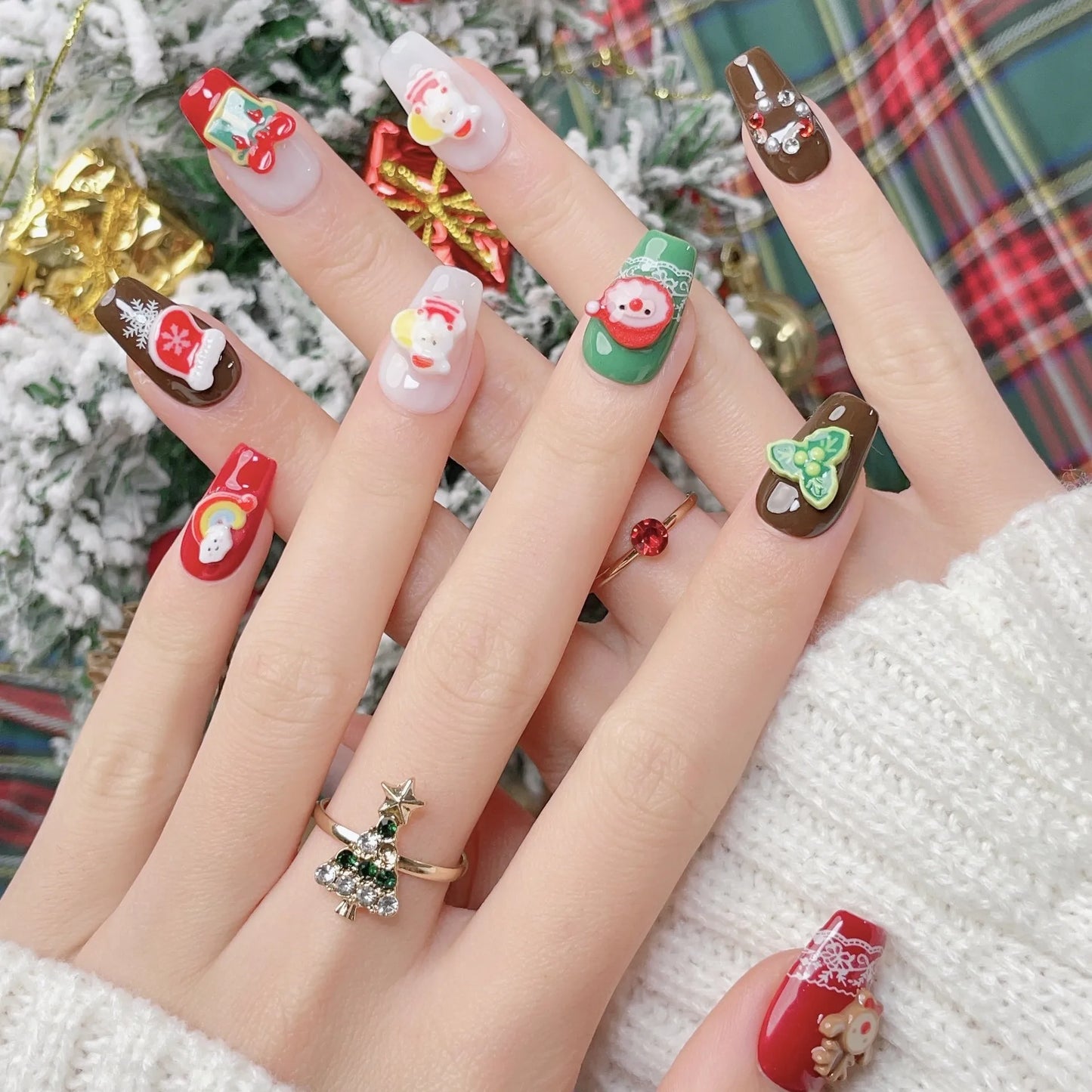 Handmade Short Christmas Snowman Little Deer Design Advanced Wearable Fake Nails Press On Nails Gift