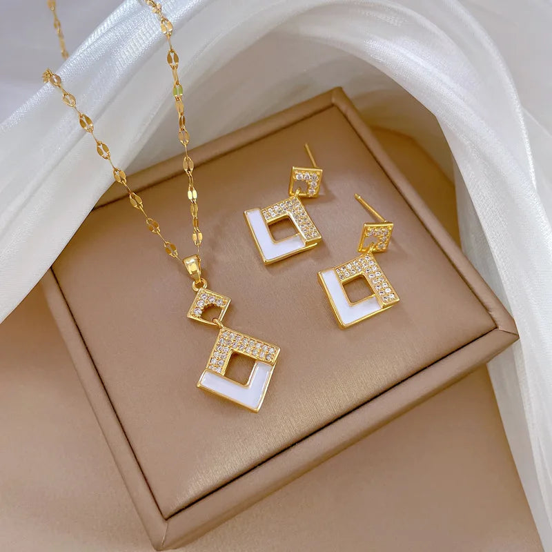 Crystal Enamel Square Pendant Gold Women Necklace Earring Jewelry Set Gift